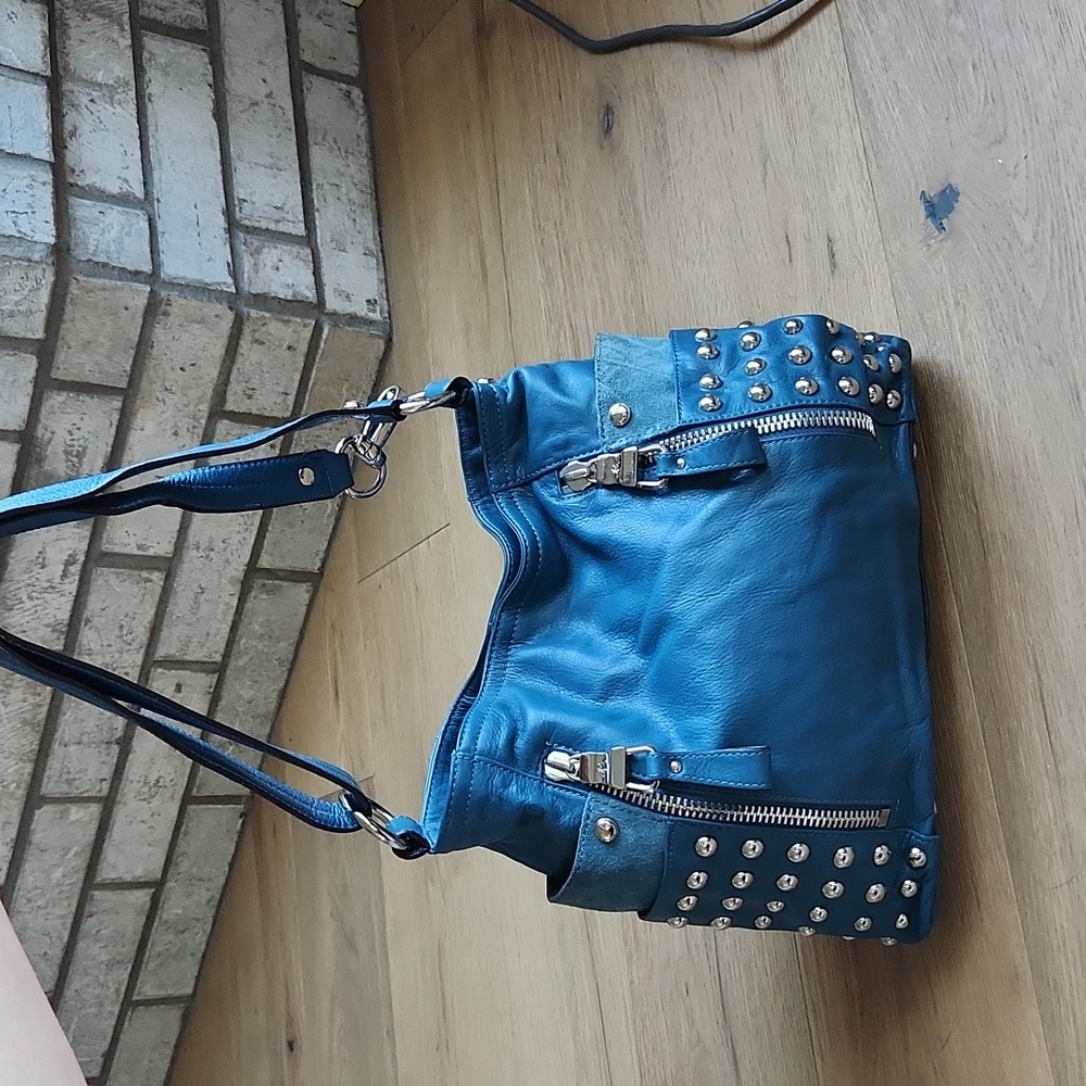B. Makowsky Studded Zip Pockets Teal/blue Leather Shoulder Handbag